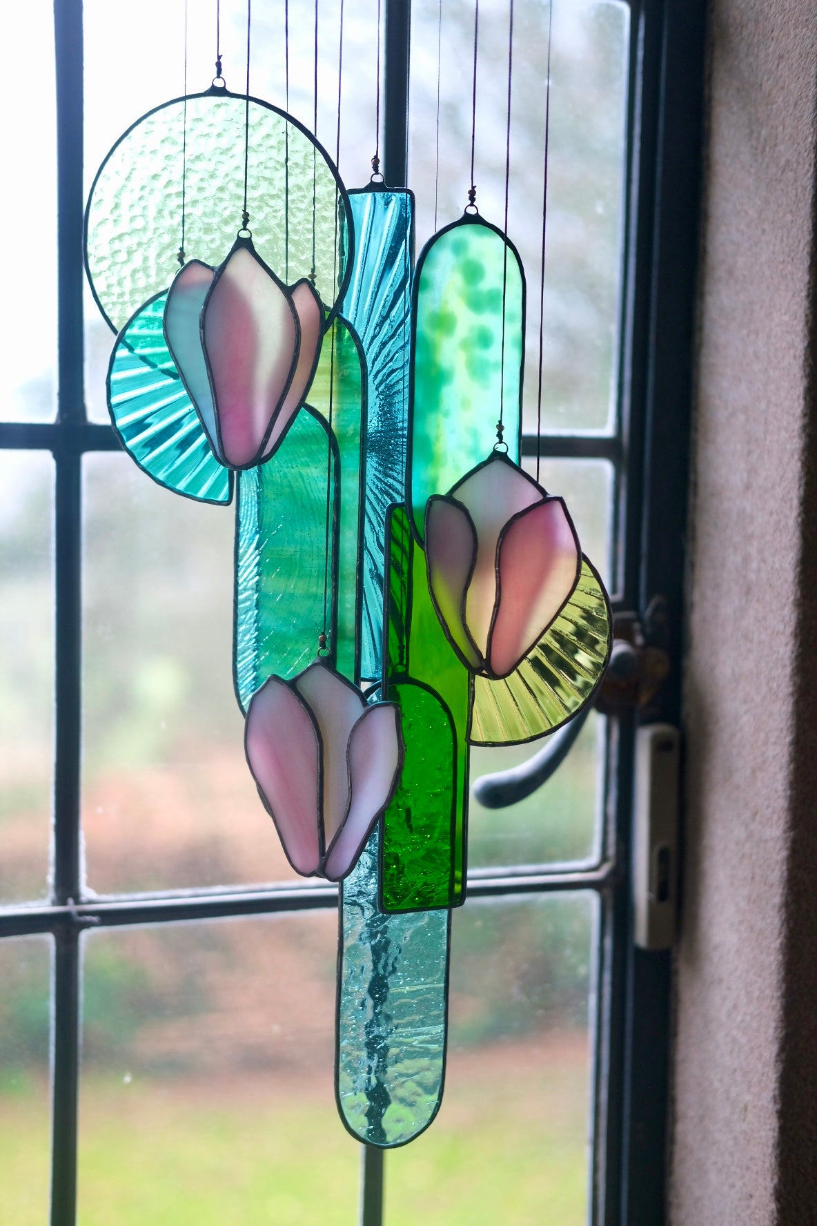 Pink Magnolia Stained Glass Hanging Art