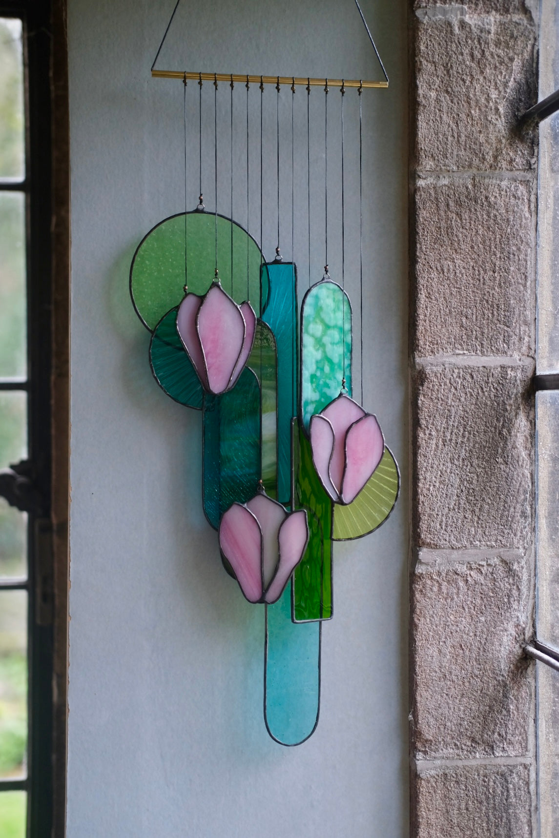 Pink Magnolia Stained Glass Hanging Art