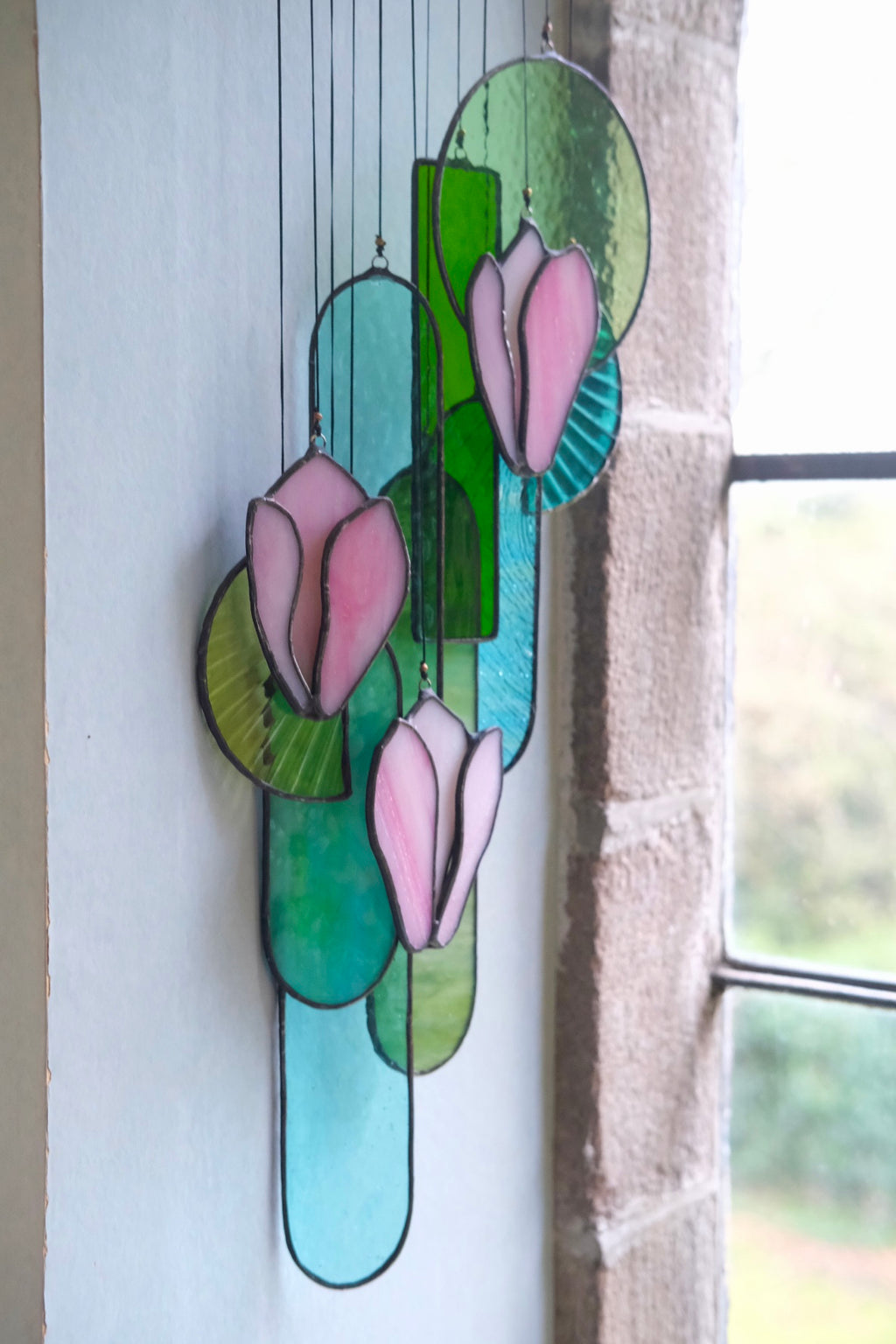 Pink Magnolia Stained Glass Hanging Art