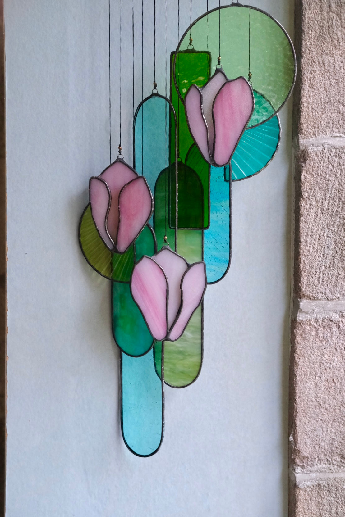 Pink Magnolia Stained Glass Hanging Art