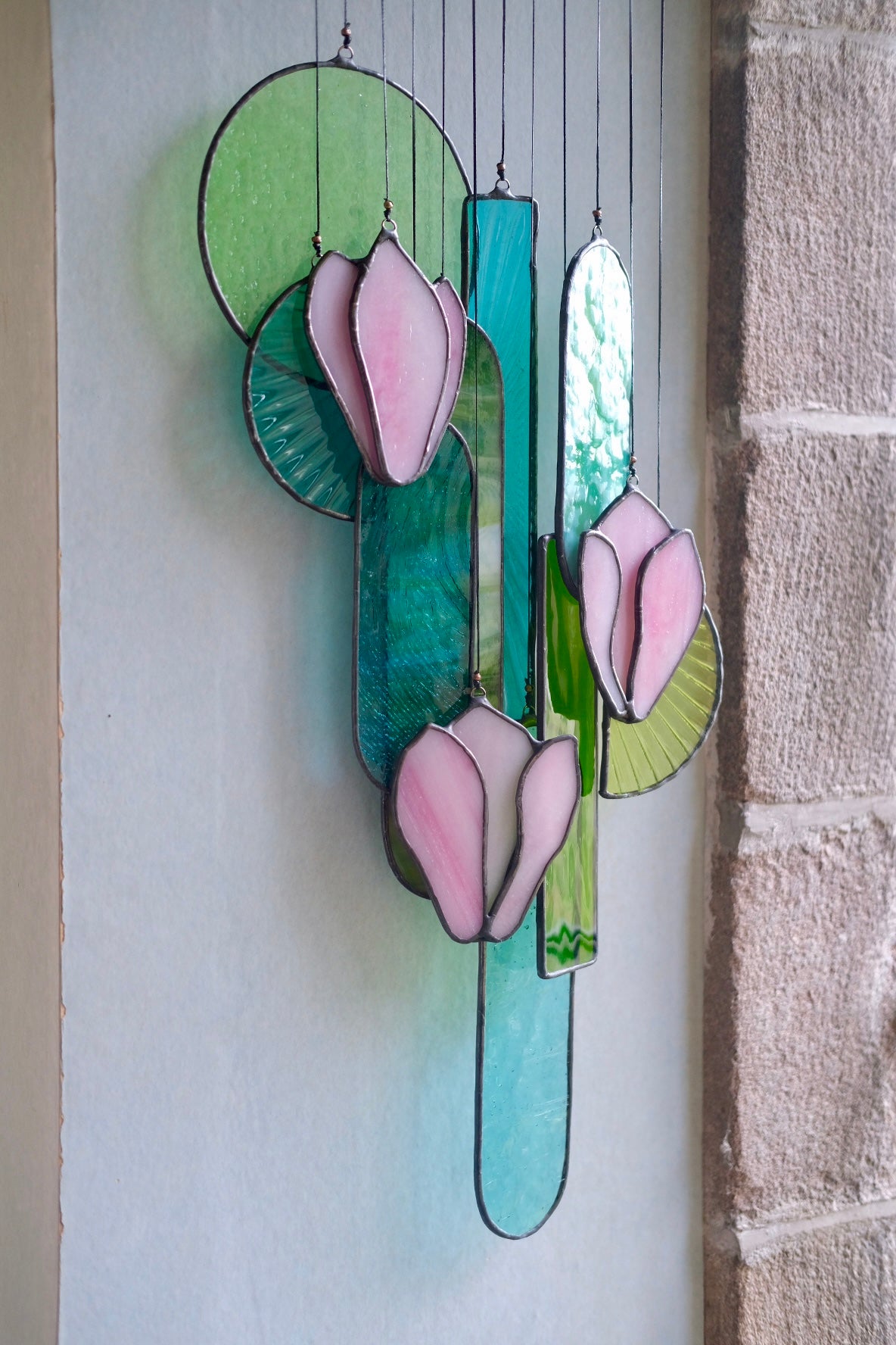 Pink Magnolia Stained Glass Hanging Art