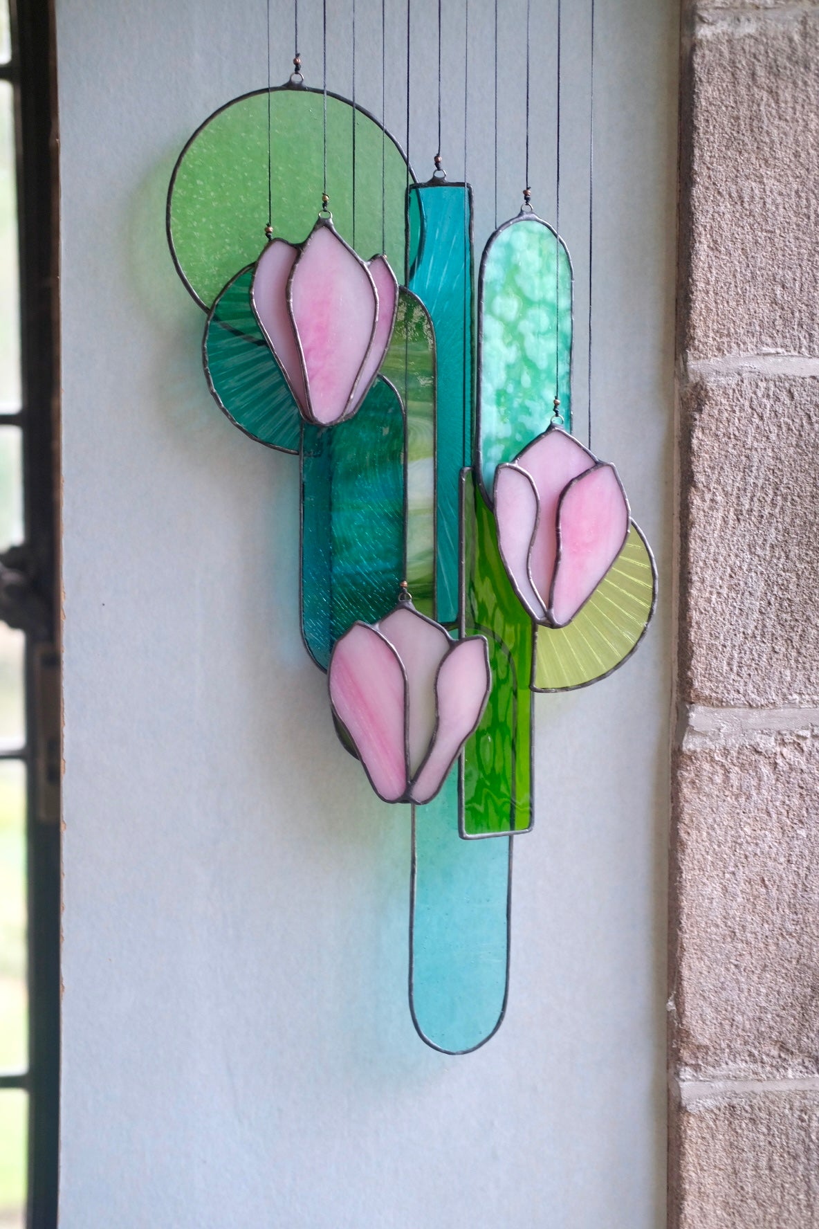 Pink Magnolia Stained Glass Hanging Art