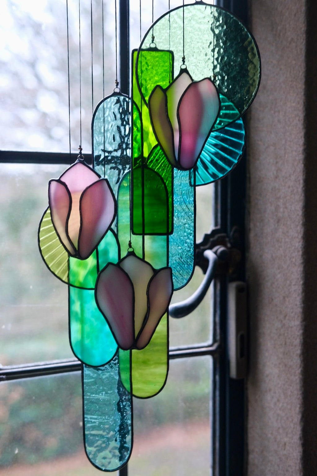Pink Magnolia Stained Glass Hanging Art
