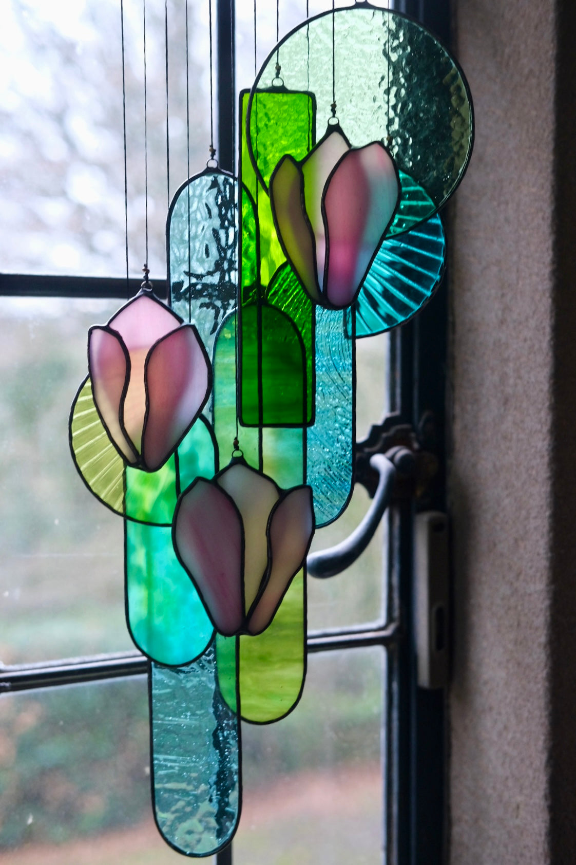 Pink Magnolia Stained Glass Hanging Art