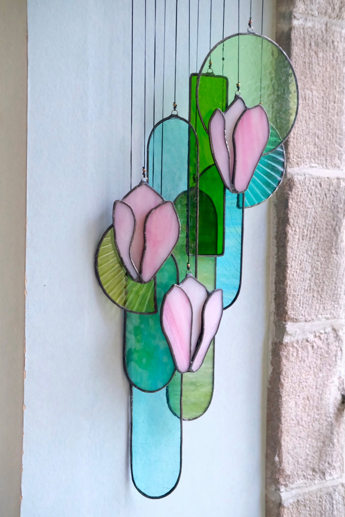 Pink Magnolia Stained Glass Hanging Art