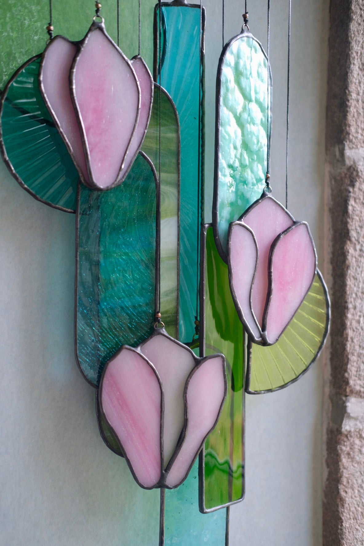 Pink Magnolia Stained Glass Hanging Art