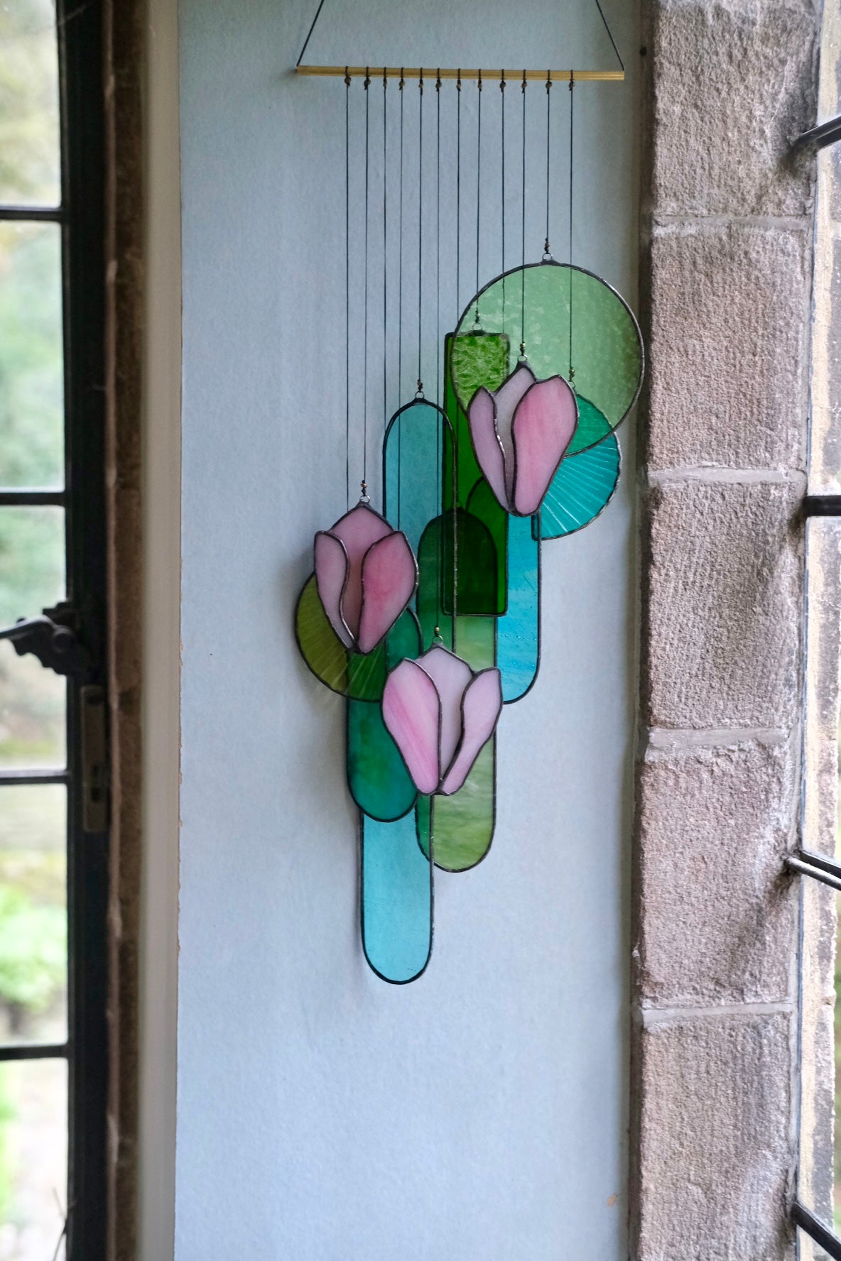 Pink Magnolia Stained Glass Hanging Art