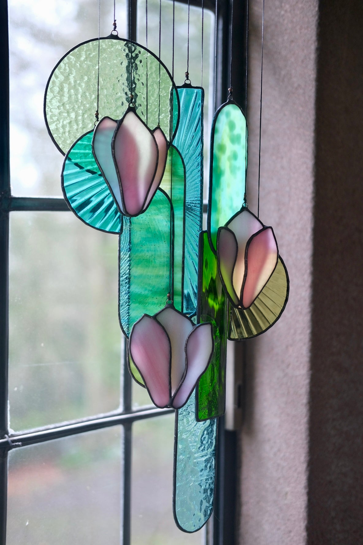 Pink Magnolia Stained Glass Hanging Art