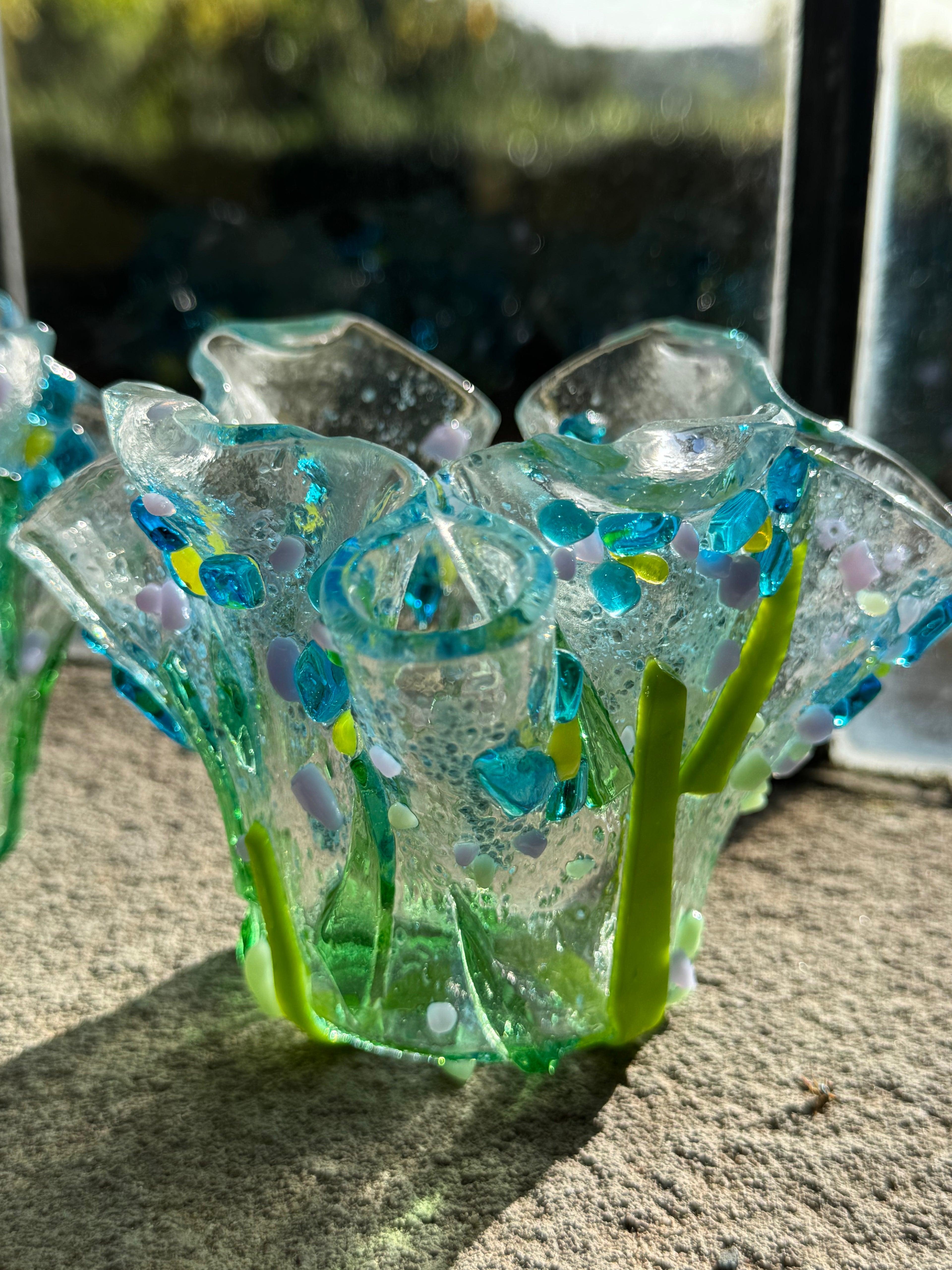 Forget-Me-Not Handmade Glass Tea-light Holder, Set of 2