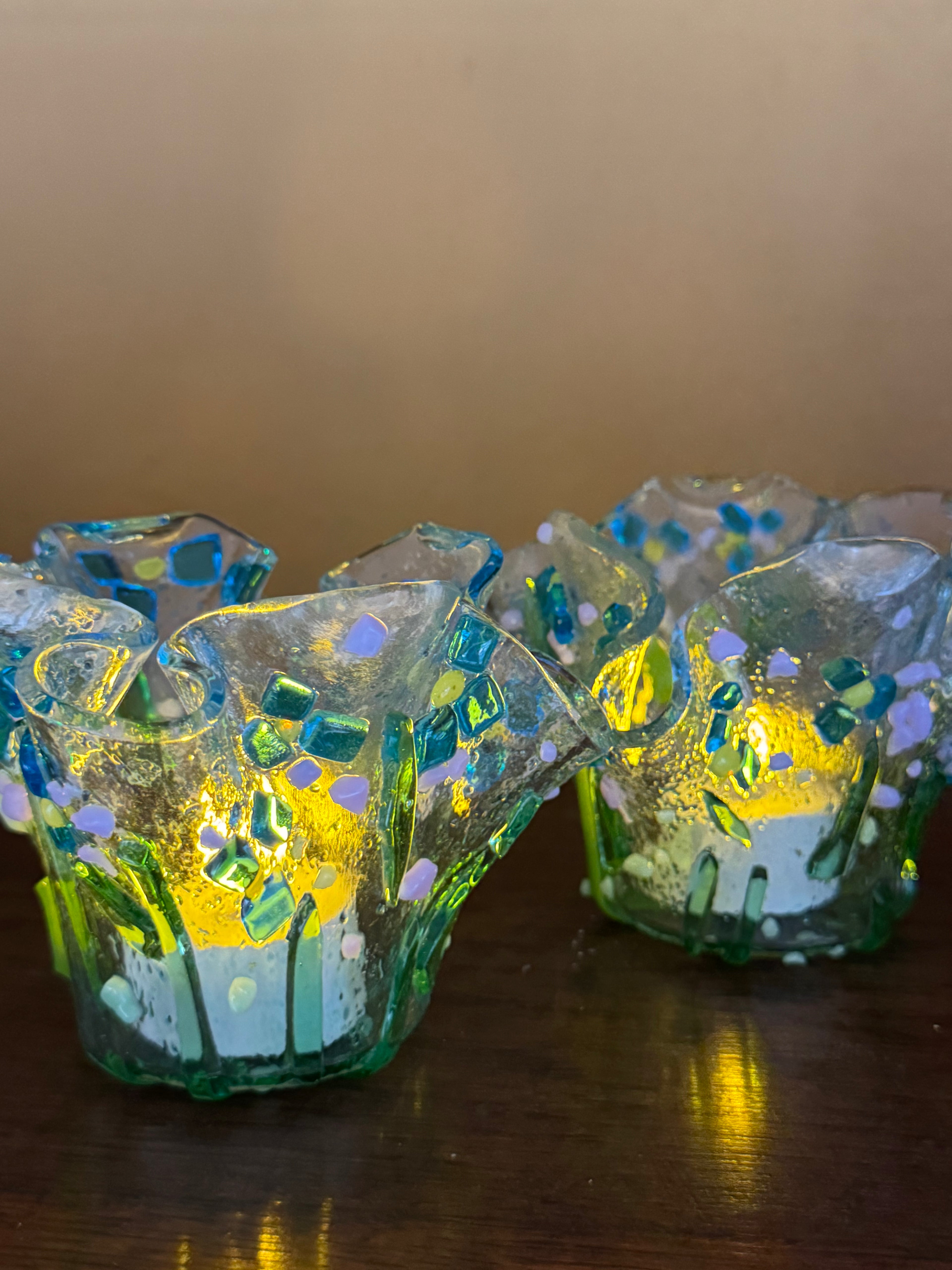 Forget-Me-Not Handmade Glass Tea-light Holder, Set of 2