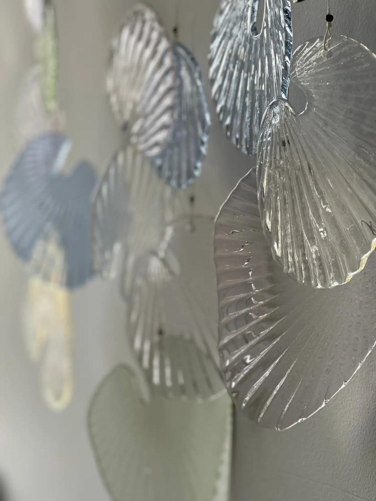 Clear, ribbed glass seashell wind chime hanging from a string.