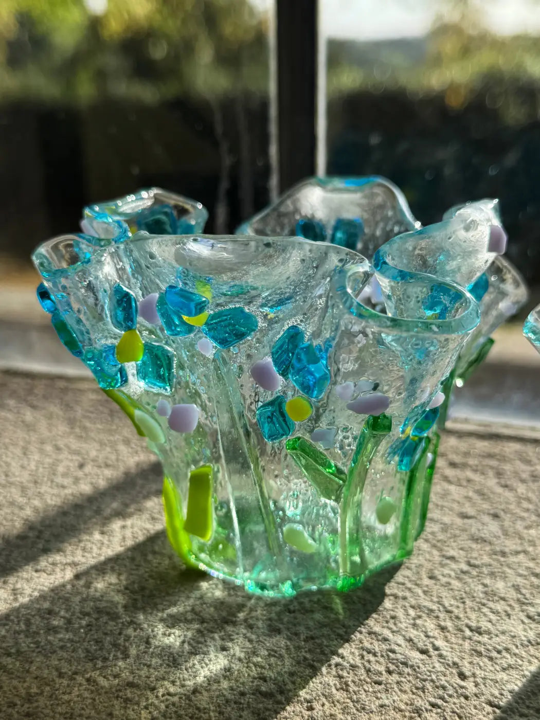 Forget-me-not handmade glass tea-light holder set of 2 with translucent ruffled rim and colorful mosaic pieces
