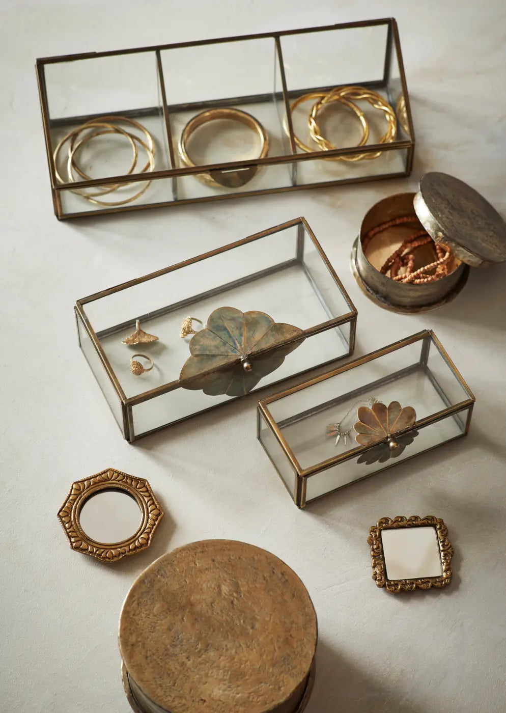 Glass trinket boxes set of 2 with brass frames and decorative leaf-shaped glass inserts for jewelry storage