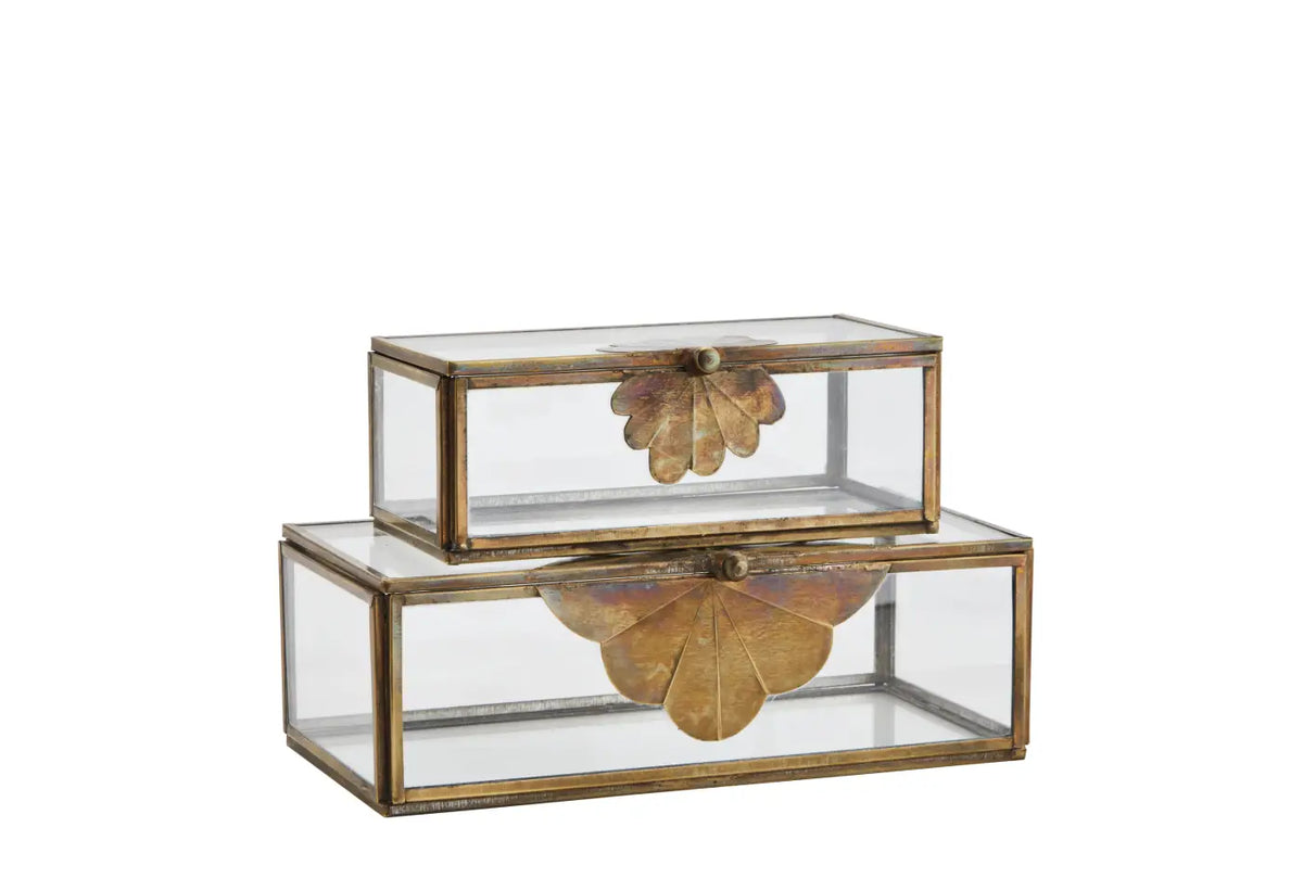 Set of two rectangular glass trinket boxes with brass frames and decorative leaf-shaped clasps for storage