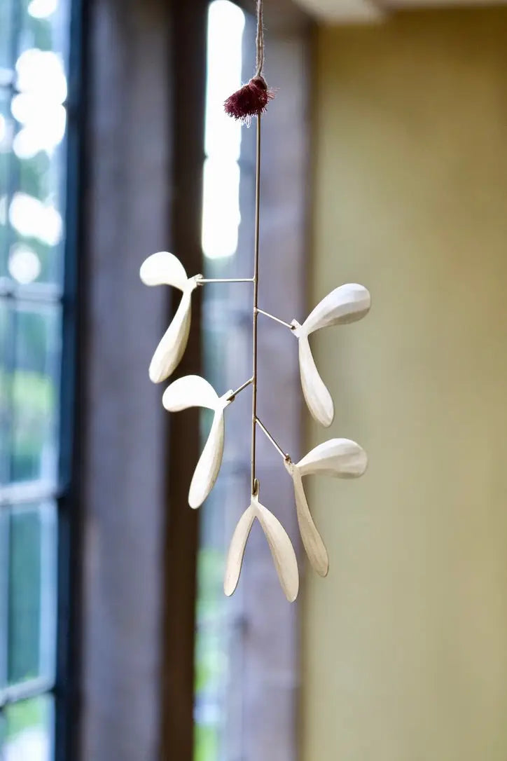 Handmade iron mistletoe small white maple seed wind chime with maroon tassel and delicate design