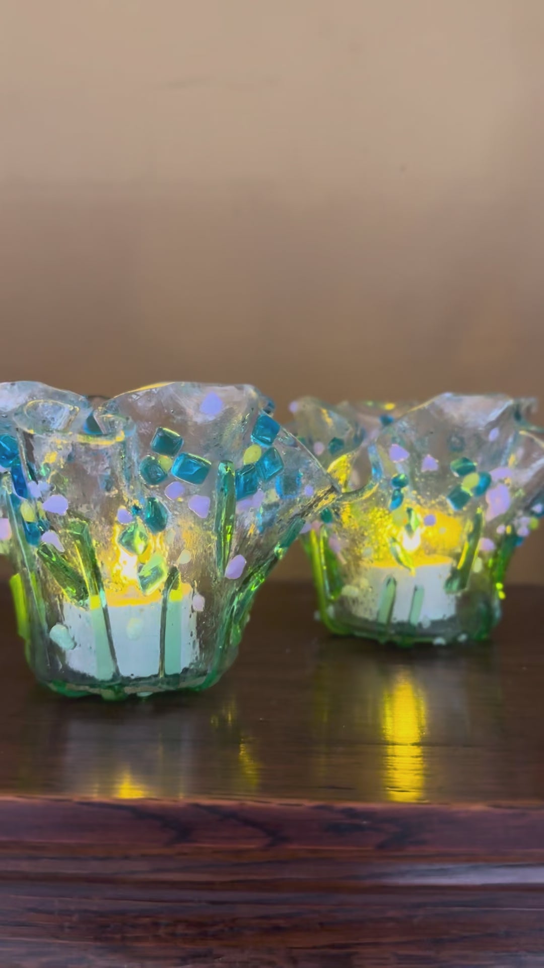 Forget-Me-Not Handmade Glass Tea-light Holder, Set of 2