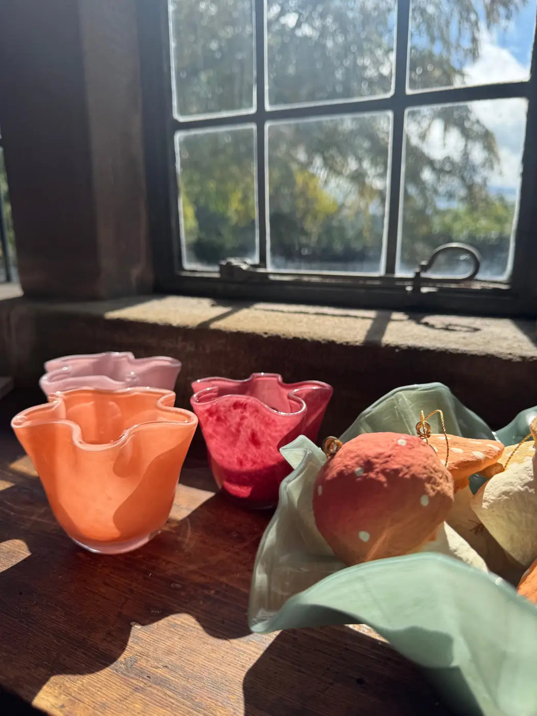 Small ruffle vase set of three vibrant ruffled glass candle holders in orange and pink hues