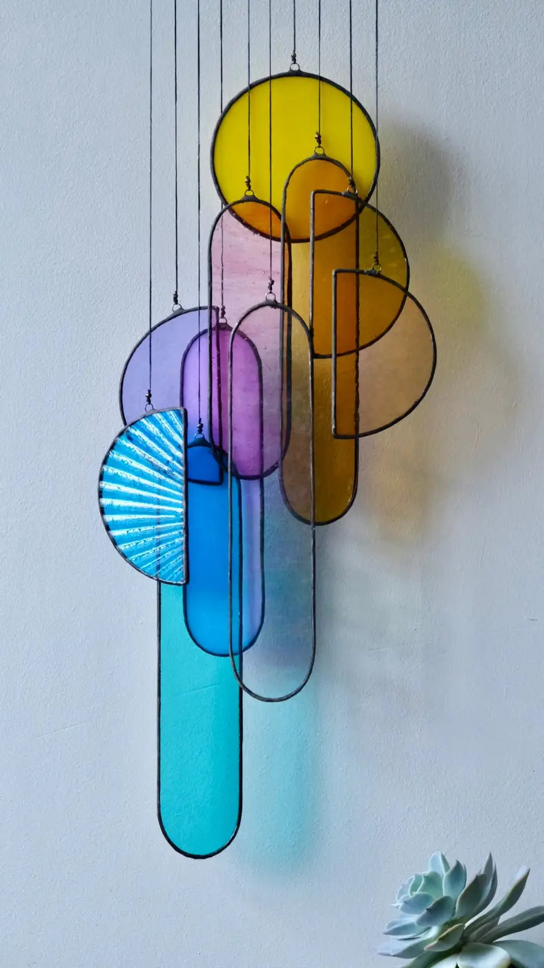 Spectrum 2 stained glass sun catcher featuring a vibrant geometric chandelier with yellow purple blue and orange panels suspended by black wires