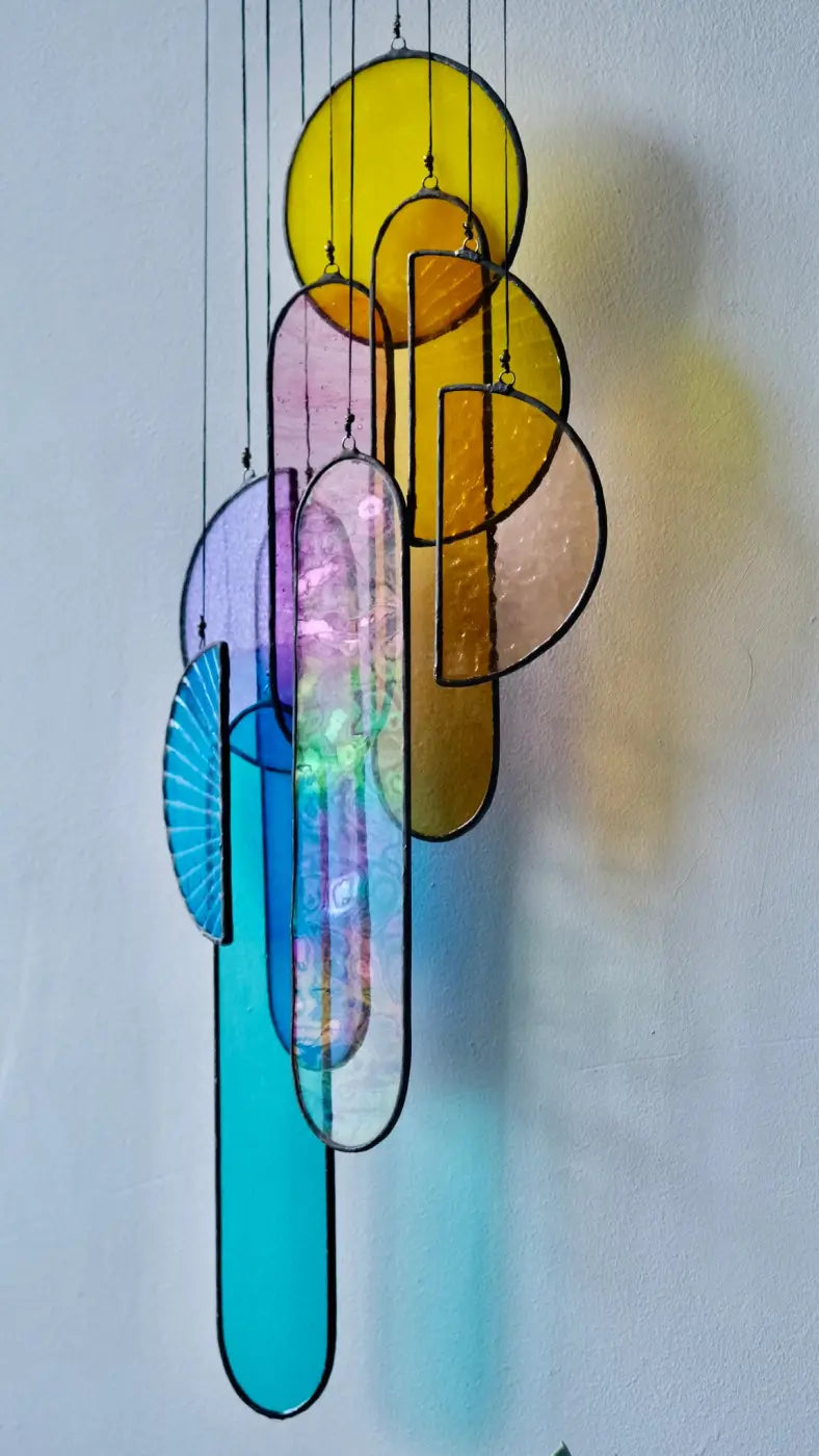 Spectrum 2 stained glass sun catcher featuring a vibrant multi-colored geometric stained glass chandelier design