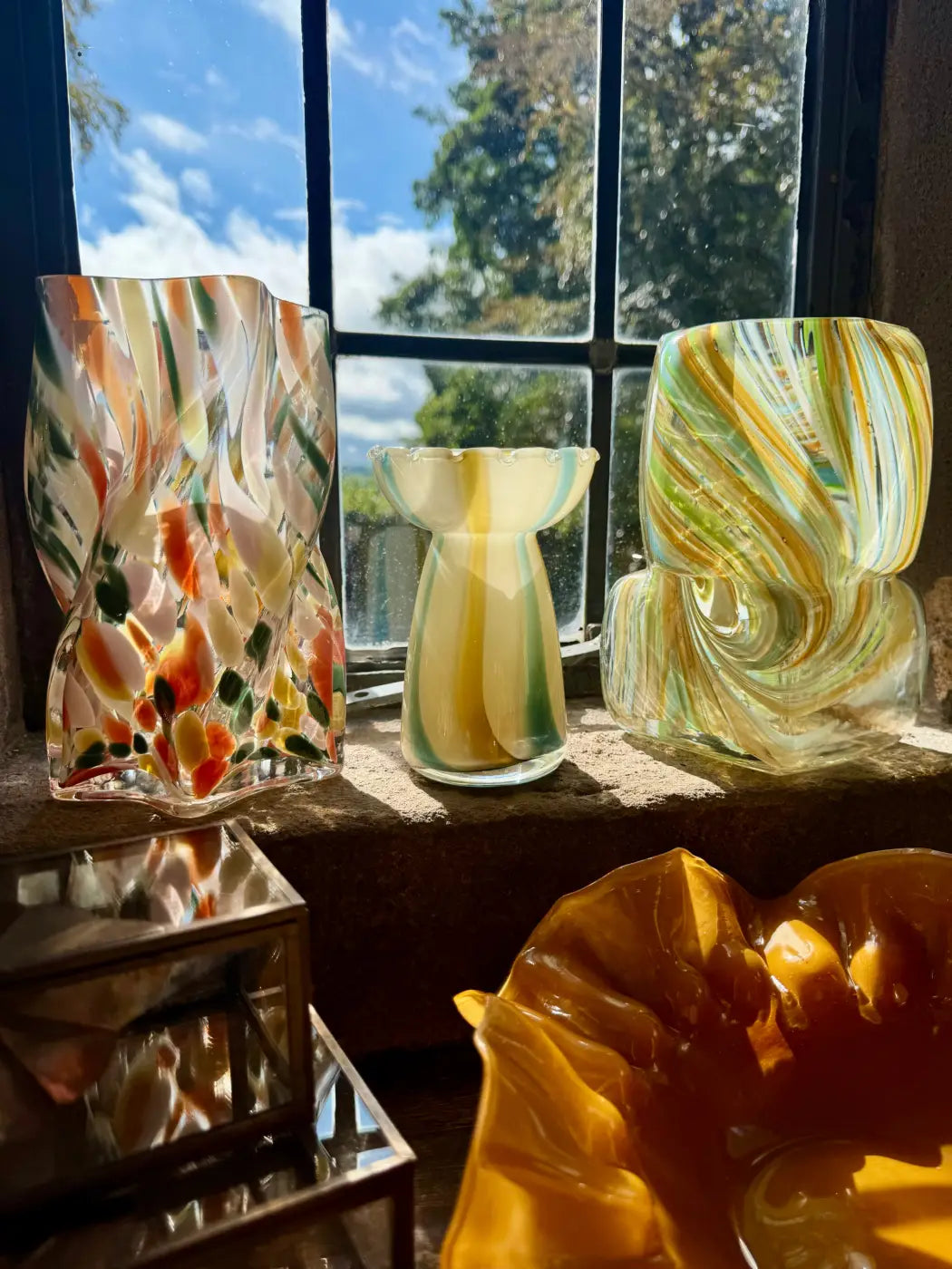Square swirl vase hand-blown translucent glass with swirling amber green and cream patterns