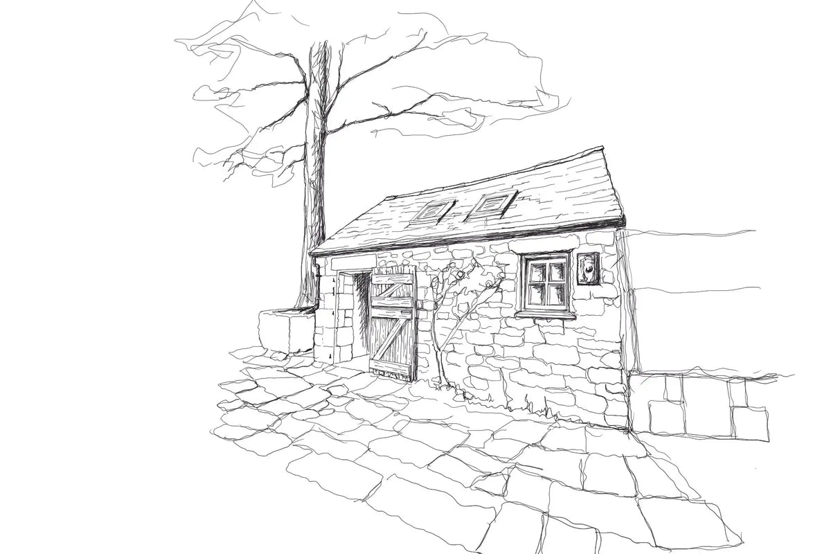 Stone cottage with a thatched roof and wooden door