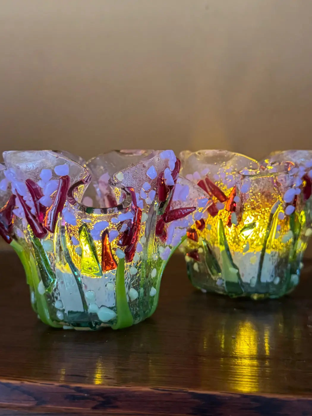 Verbena handmade glass tea-light holders set of 2 with vibrant green red and white floral patterns