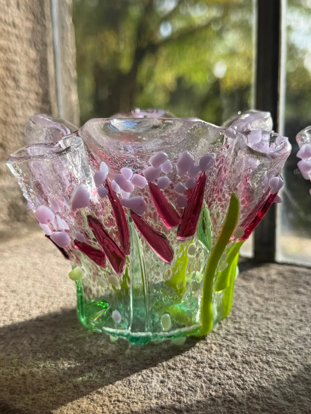 Verbena handmade glass tea-light holder set of 2 with vibrant hand-blown glass and colorful floral design